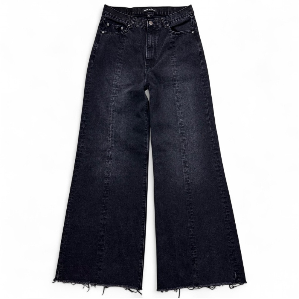 Neon Blonde Black Wide Leg Jeans Siren Mum Fit Faded Wash‎ Raw Hem Women's 30